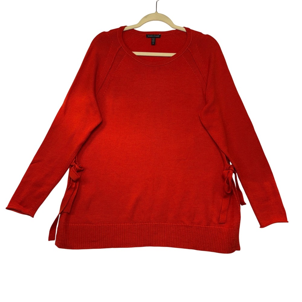 Eileen Fisher Red Italian Yarn Crew Neck Side Tie Raglan Sweater‎ Small